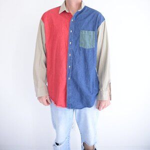 Vintage Crystal Springs Red Blue Block Pattern Button Up Shirt XL Made In USA